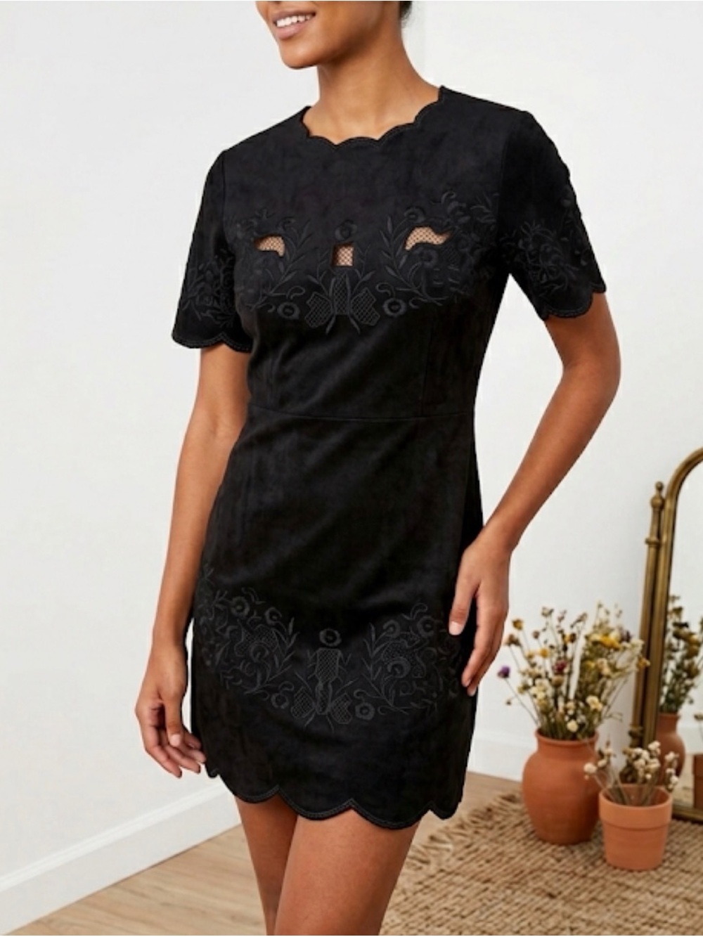 Zara Black Faux Suede Mini Dress Embroidered Scalloped Cutout Whimsigoth Boho S